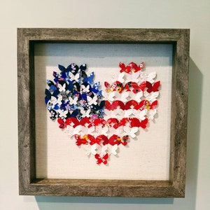 American Flag 3D Butterfly Art, Wall Art, Japanese Washi,Heart shaped, Home Decor, Origami, Mother&#39;s day gift, 10&quot;x10&quot;x2&quot;, Free Shipping