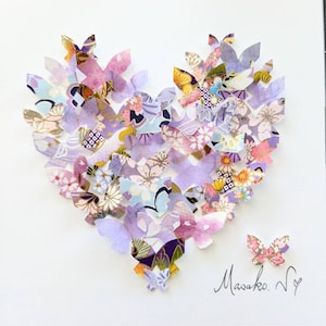 Art papillon 3D violet, coeur, art mural, art washi, cadeau de fête des mères, art japonais sur papier de riz, art origami, art encadré, livraison gratuite,
