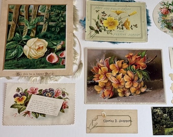 Antique Victorian Card Paper Scrap Lot Silk Fringed Floral