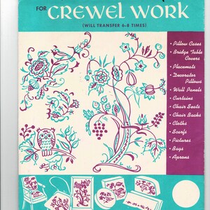 May include: Vintage "Jacobean Embroidery" pattern booklet. The cover features teal and purple floral designs with an owl and bird illustrations. Text includes "Crewel Work" and a list of project ideas like pillowcases and curtains.