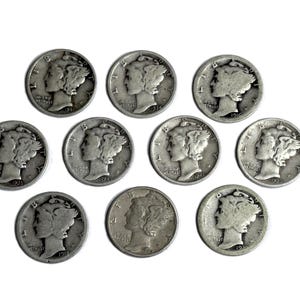 May include: A collection of ten silver-colored Mercury dime coins arranged in three rows. Each coin features the profile of Liberty wearing a winged cap facing left, with the word LIBERTY, the motto IN GOD WE TRUST, and various mint years visible.