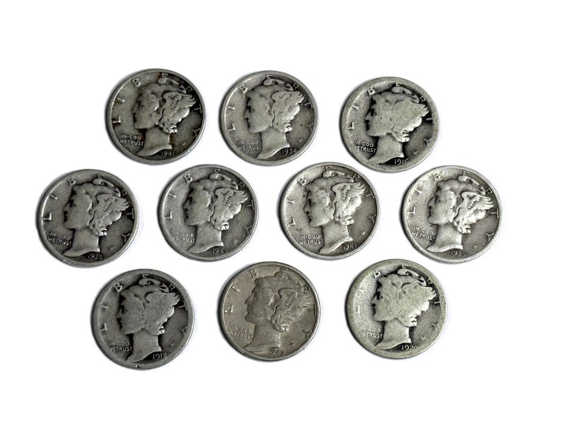 May include: A collection of ten silver-colored Mercury dime coins arranged in three rows. Each coin features the profile of Liberty wearing a winged cap facing left, with the word LIBERTY, the motto IN GOD WE TRUST, and various mint years visible.