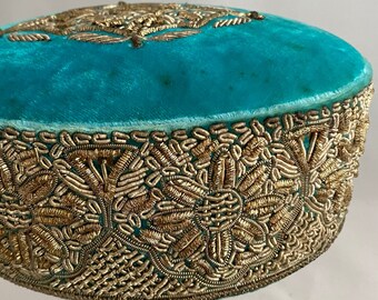 Vintage Taj of India Embroidered Blue Velveteen Pill Box Hat