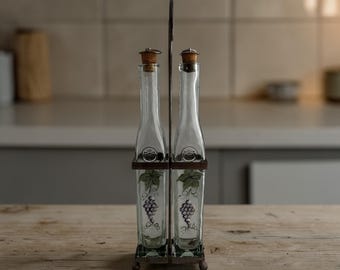 Hand Painted Oil & Vinegar Bottles with Caddy