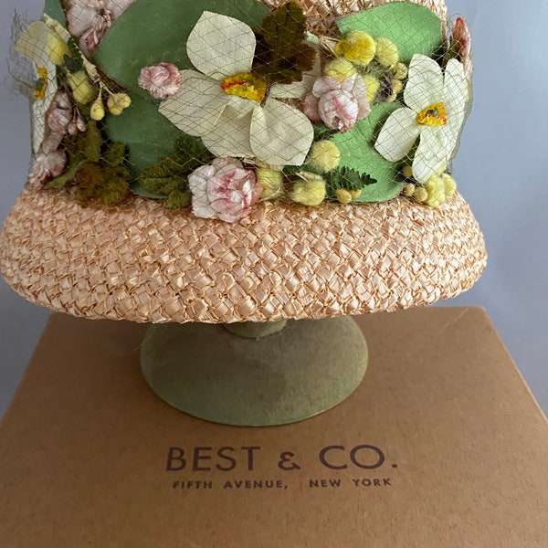 Vintage Mr. John Sophisticate Flowered Straw Hat and Best & Co. Hat Box