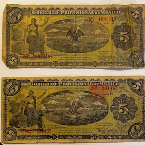 May include: Two vintage Mexican five-peso banknotes. The notes are primarily yellow and brown, featuring an illustration of a woman and an eagle. The text "GOBIERNO PROVISIONAL DE MEXICO" is visible, along with the year 1914 and the number 5.
