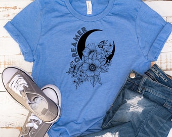 Dreamer Tshirt, Moon, Flowers, Mystical Bella Canva Tee