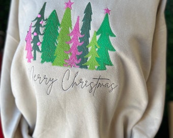 Embroidered Christmas Tree Sweatshirt, Merry Christmas