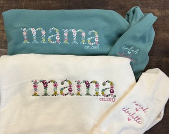 Mama Embroidered Sweatshirt/ Long Sleeve Tee, mama gift, new mom gift, Embroidered floral, Grandma Sweater