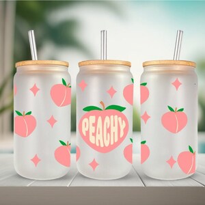Iced coffee cup, frosted glass cup, glass cup with lid and straw, Peachy coffee addict, cold beverage *** Free Shipping***