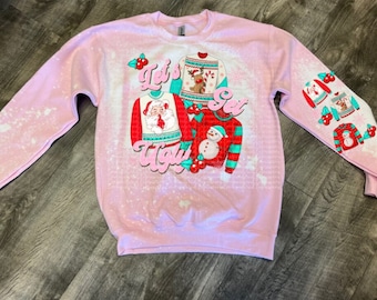 Bleached Ugly Christmas Sweater Sweatshirt, Printed Sleeves