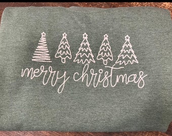 Embroidered Christmas Tree Sweatshirt, Heathered Green