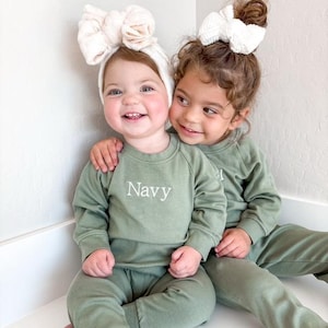 Green Jogger Set- Organic Cotton Neutral Embroidered Thin Pullover- Personalized with Name- Colored Organics- Custom- Toddler- Infant