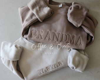 Custom Neutral Embroidered Sweatshirt- Mama- Dad- Grandma- Bride- Personalized- Unisex Sizing- Oversized