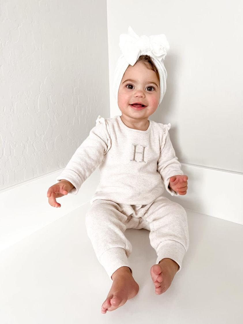 2pcs Baby Girl Solid Waffle Long-sleeve Romper and Pants Set