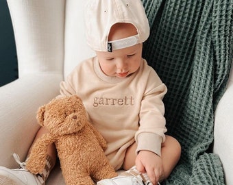 Personalized Sweatshirt Bubble Romper- Embroidered with Name- Unisex- Custom- Toddler- Infant
