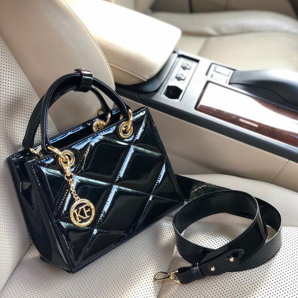 Leather Top Handle Bag, Black Patent Leather Handbag Top Handle, Women's Leather Bag KF-4486