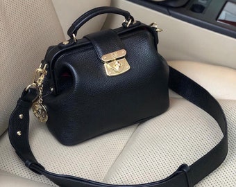 Black Leather Doctor Bag: Designer Shoulder Bag by Katerina Fox