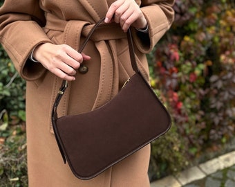 Brązowa zamszowa torba na ramię, damska skórzana torba KF-6256