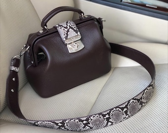 Brown Leather Doctor Bag: Snake Print Shoulder Bag