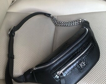 Leather women's Banana bag, Black Leather Banana bag, Women's Bananka bag, Leather belt Bananka bag KF-3758