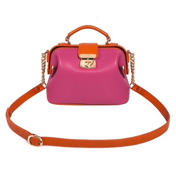 Leather Doctor Bag for Women Fuchsia Leather Shoulder Bag 