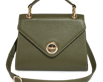 Leather Top Handle Bag, Olive Leather Handbag Top Handle, Women's Leather Bag KF-2612