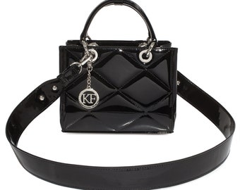 Black Patent Leather Top Handle Bag: Quilted Handbag
