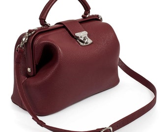 Leather doctor bag for women, Burgundy Leather Handbag Top Handle, Women&#39;s Leather doctor Bag, KF-1442