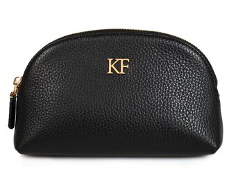 Leather Cosmetic Bag, Genuine Black Leather Pouch, Leather Makeup Case, Make Up Leather Toiletry Bag, Black Cosmetic Bag Pouch KF-075