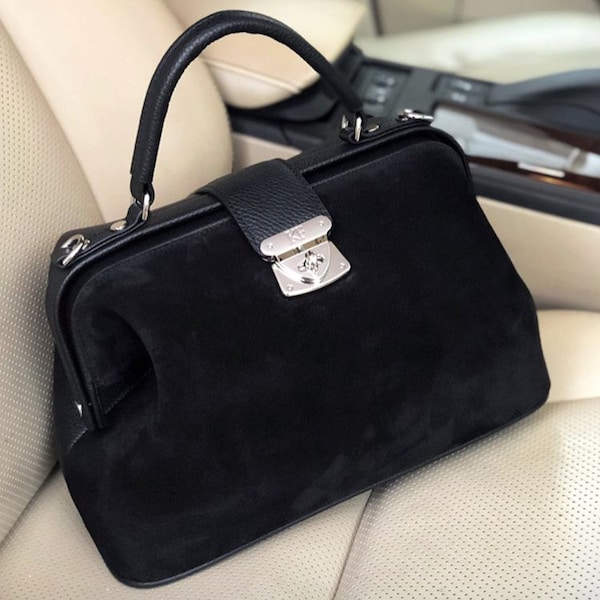 Leather doctor bag for women, Black Leather Handbag Top Handle, Women's Leather doctor Bag, KF-2433