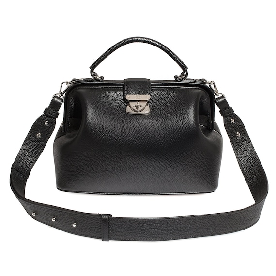 Black Leather Doctor Bag: Top Handle Handbag