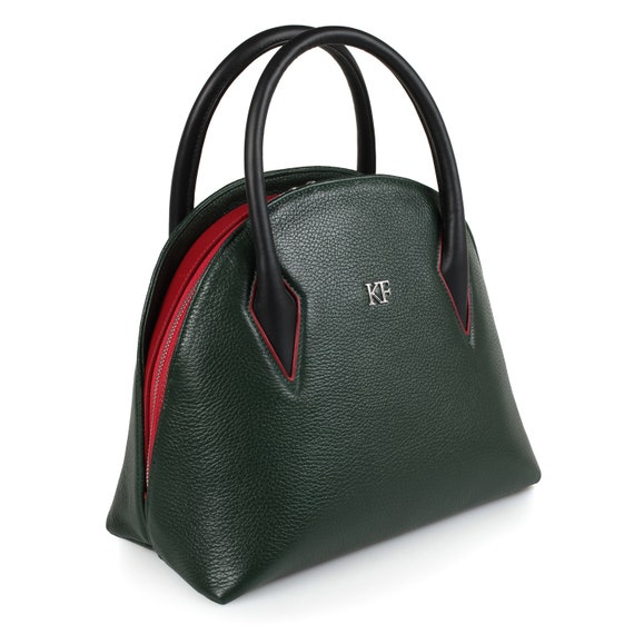 dark green leather handbag
