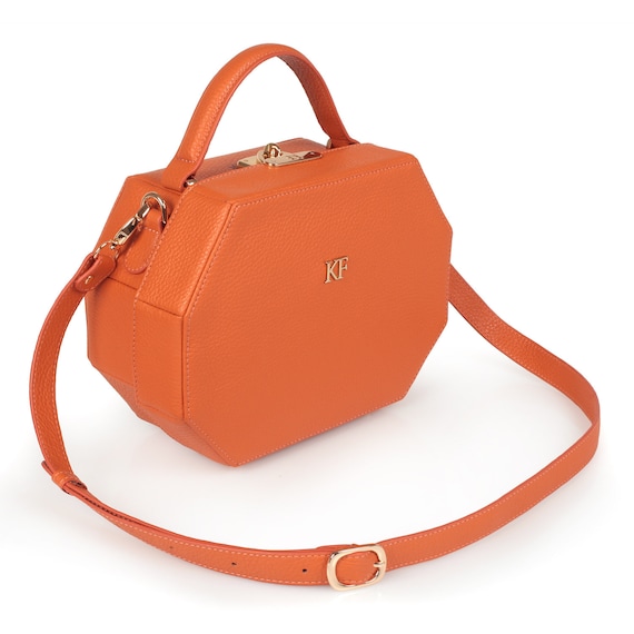 Orange Leather Crossbody Box Bag Purse