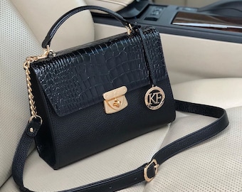 Leather Cross body Bag, Black Leather Shoulder Bag, Women&#39;s Leather Crossbody Bag, Leather bag KF-3964