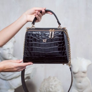 Ledertasche mit oberem Griff, schwarze Lederhandtasche mit oberem Griff, Damenledertasche KF-3105