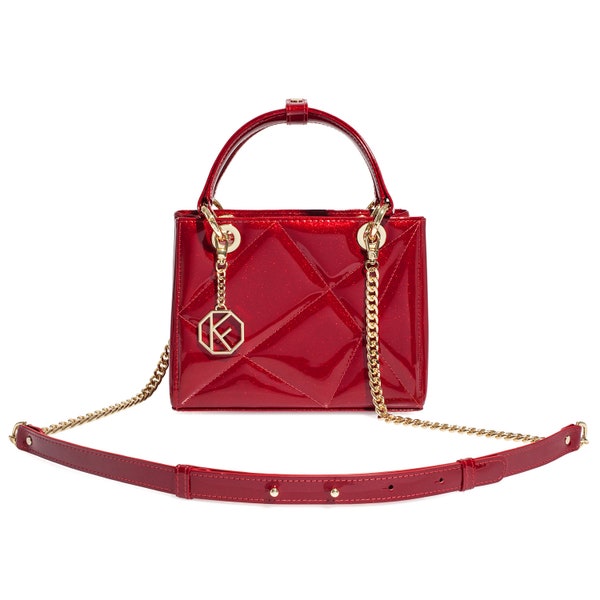 Leather Top Handle Bag, Red Patent Leather Handbag, Women's Leather Bag KF-5027