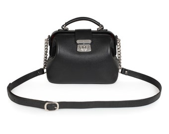 Black Leather Doctor Bag: Women's Shoulder Bag, Katerina Fox KF-1416