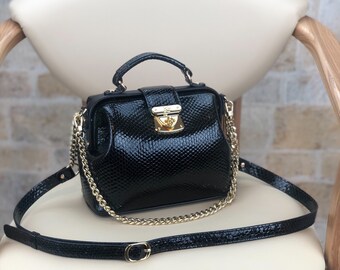 Black Leather Doctor Bag: Snake Print Crossbody Bag by Katerina Fox
