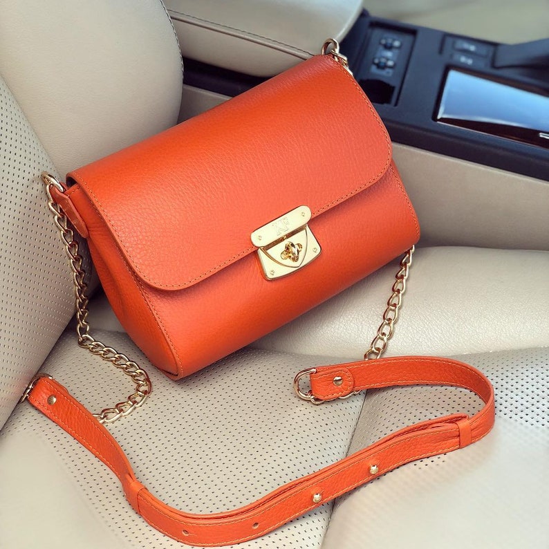 Leather Cross Body Bag Orange Leather Shoulder Bag Etsy