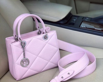 Pink Leather Top Handle Bag: Quilted Handbag by Katerina Fox
