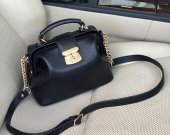 Black Leather Doctor Bag: Small Shoulder Bag, Designer Handbag