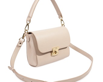Bolso bandolera de piel beige con asa superior: Bolso de hombro para mujer