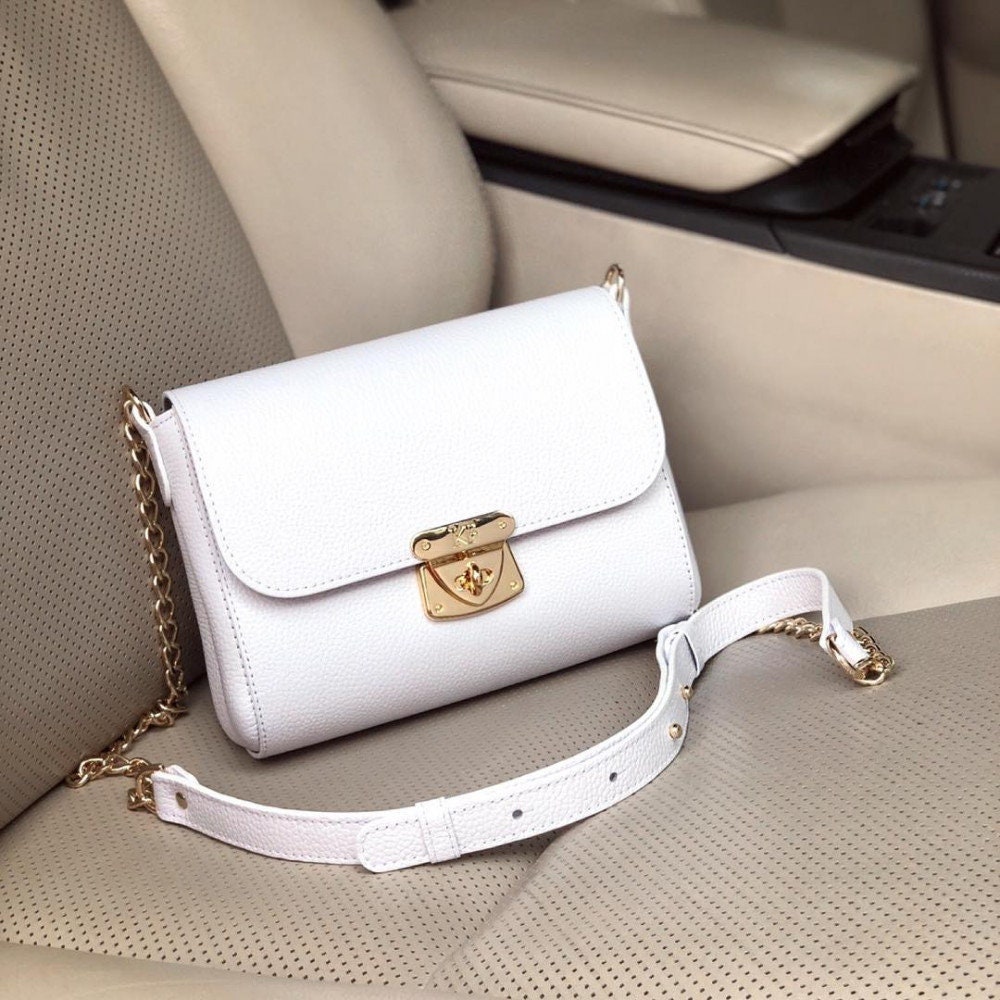 White Oiled Leather Chain Crossbody Purse