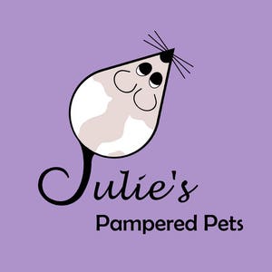 May include: A cartoon mouse with a white and brown body, black eyes, and a black tail. The mouse is looking up and smiling. The text "Julie's Pampered Pets" is below the mouse.