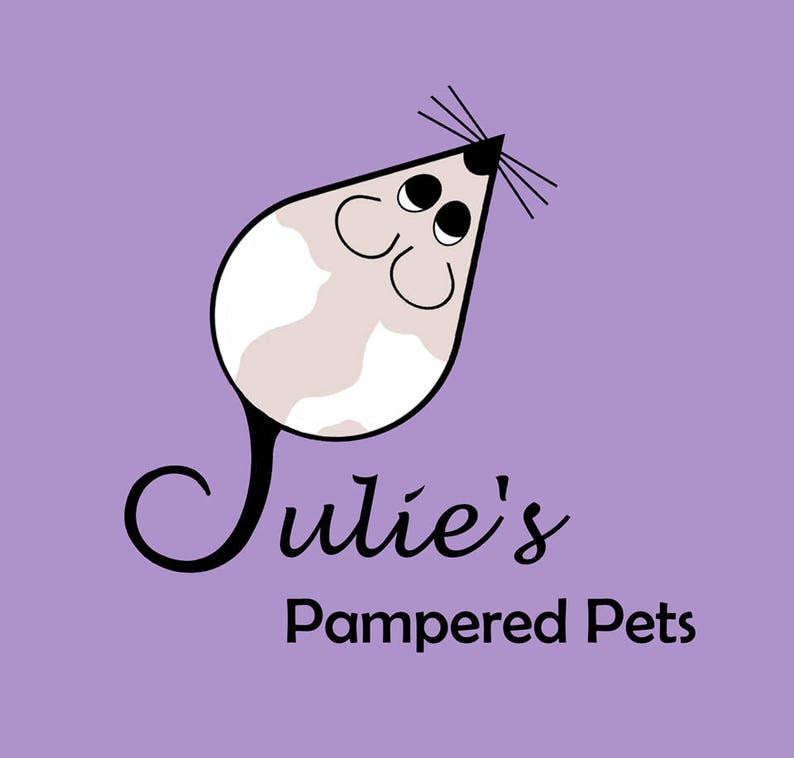 May include: A cartoon mouse with a white and brown body, black eyes, and a black tail. The mouse is looking up and smiling. The text "Julie's Pampered Pets" is below the mouse.