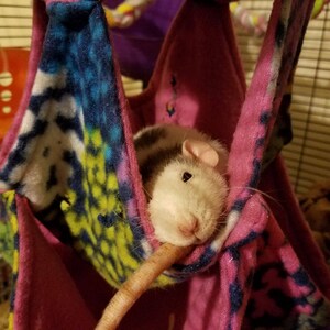 May include: A white and gray rat is sleeping in a pink and blue patterned hammock. The hammock is hanging from a cage.