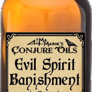 May include: A brown glass bottle with a black cap and a label that reads "4:11 Marie's Conjure Oils Evil Spirit Banishment 1 Ounce Deep Down South Louisiana".