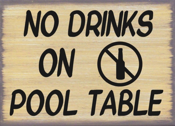 thumbnail interactive-video image 1 of ‘No Drinks On Pool Table’ Aluminum Sign With Billiard Balls – Retro Bar Sign For Pool Hall, Man Cave, Frat House 1 of 4