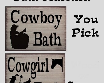 Cowgirl or Cowboy Bath Western Primitive Rustic Distressed Country You Pick Canvas Sign Home Decor